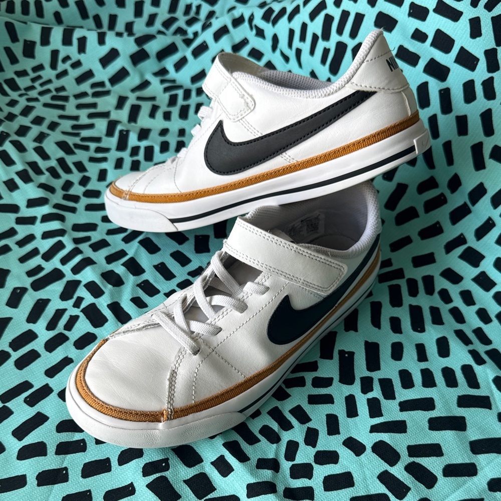 Nike Kids White Sneakers with Black Swoosh and Tan Trim